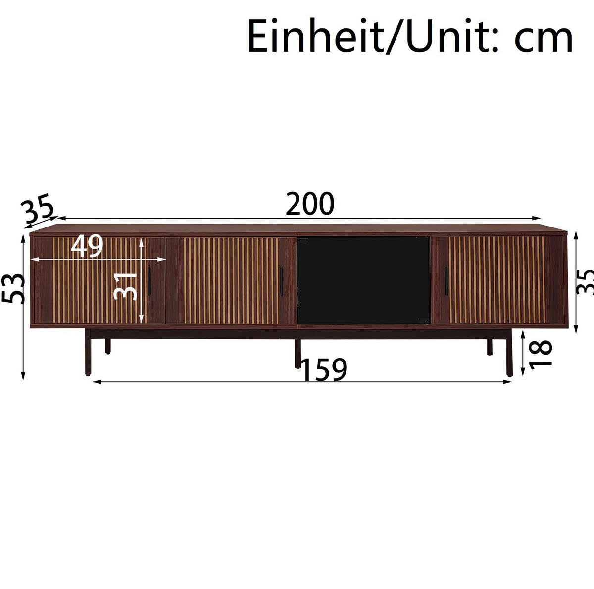 TV-LOWBOARD 200/35/53 cm mit LED-Beleuchtung und Glaselementen - Schwarz, Holzwerkstoff (200/53/35cm) - BEAOK