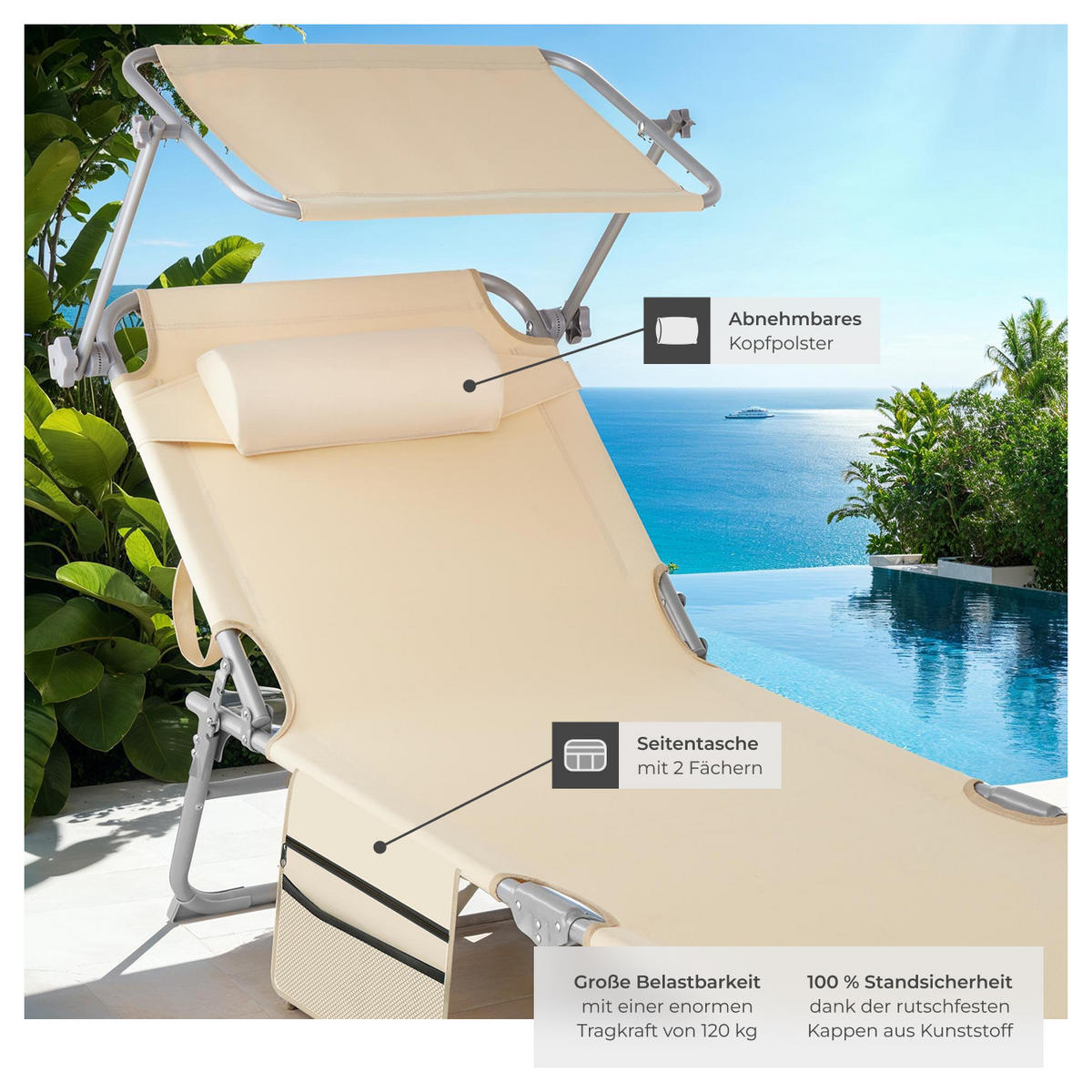 SONNENLIEGE Chloé,190 x 68 x 28 cm, mit Seitentasche,beige - Beige, Kunststoff (68/111/161cm) - tectake
