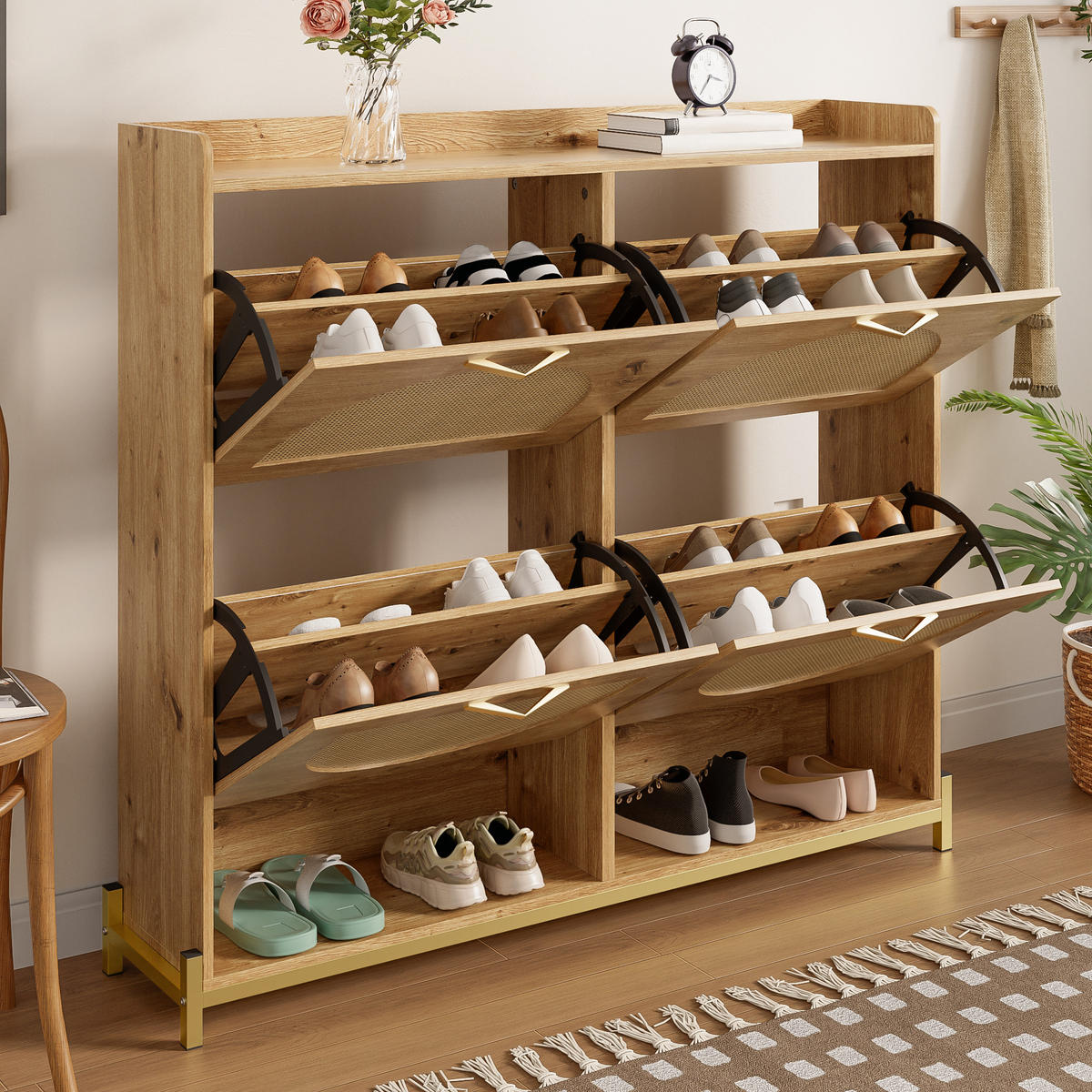 SCHUHSCHRANK Holz Rattantüren 4 Türen Metallrahmen Regal - Naturfarben, Holzwerkstoff (24/100/108.5cm) - FLIEKS