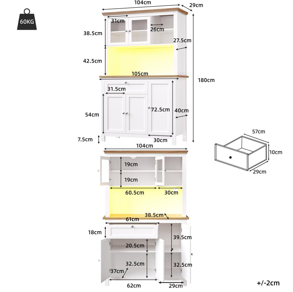 BUFFETSCHRANK 104/40/180 cm mit LED-Beleuchtung, verstellbaren Ablagen und Schiebetür aus MDF, Weiß - Weiß, Holzwerkstoff (104/180/40cm) - Redom