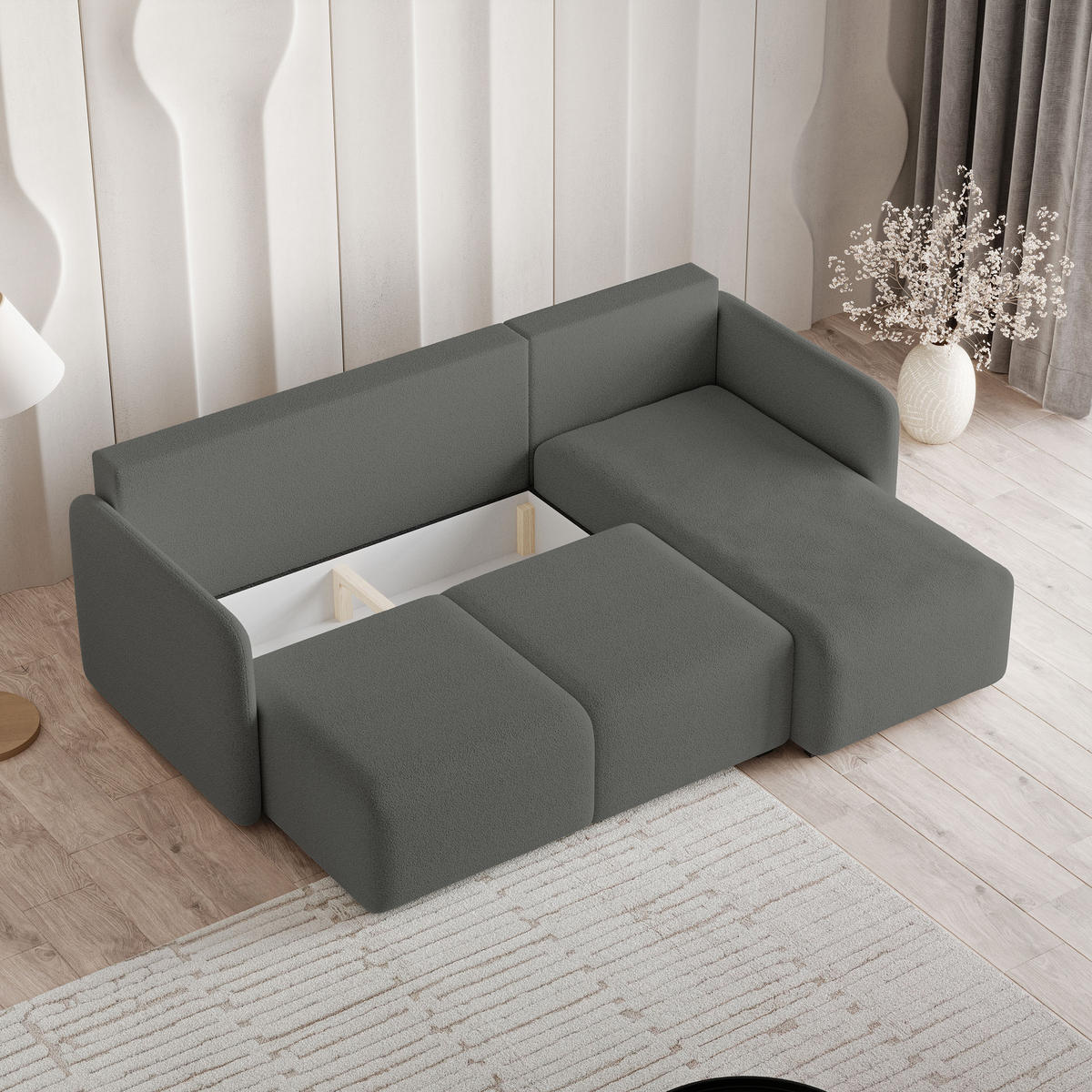 ECKSOFA SUVINO Grau Boucle-Stoff mit Schlaffunktion - Grau, Holz (230/143cm) - MASSENO