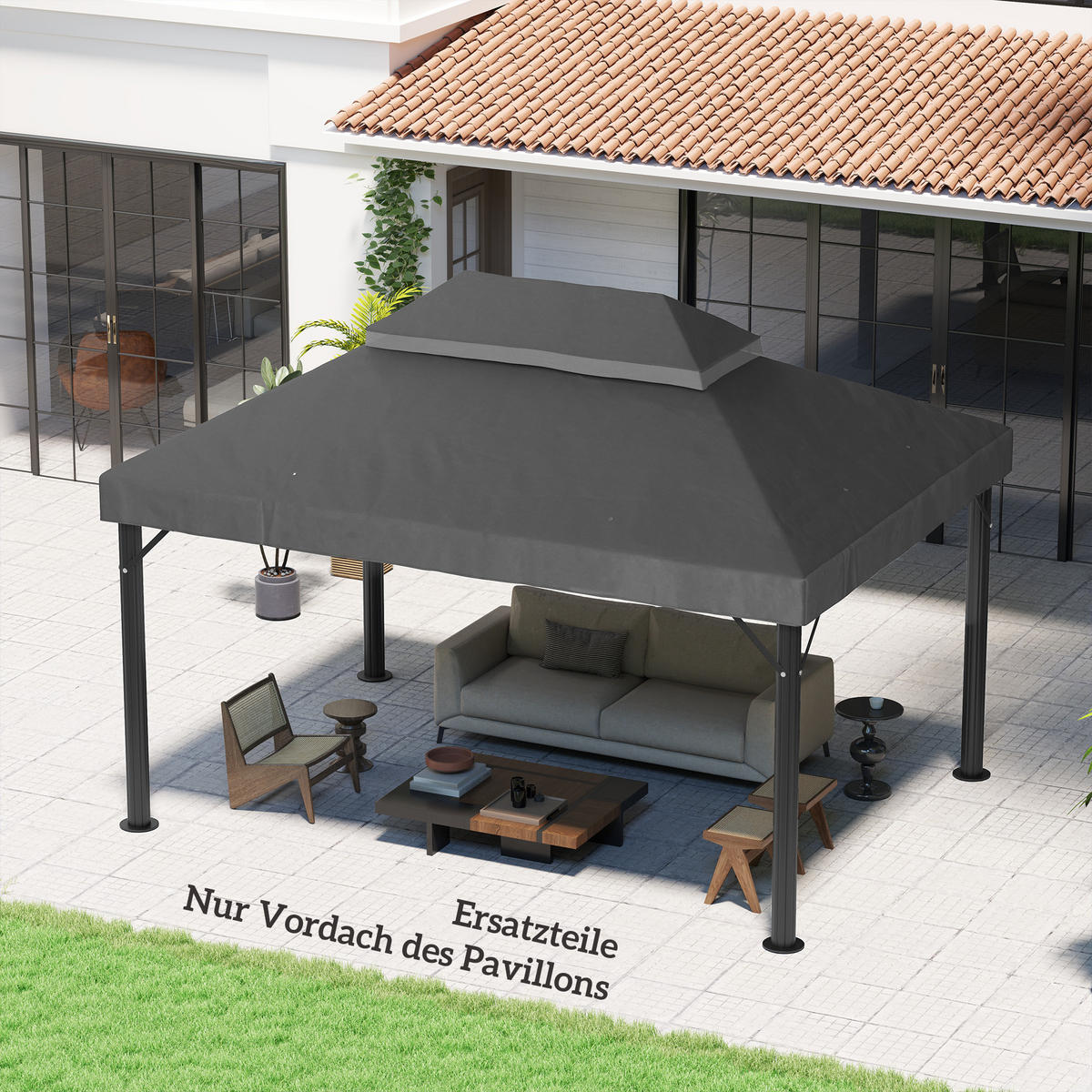 PAVILLON-ERSATZDACH, 3 x 4 m, Ersatzplane mit Wasserablauf-Öffnungen, Polyester, Sonnenschutz, UPF30+, Dunkelgrau - Dunkelgrau, Textil (400/1/300cm)