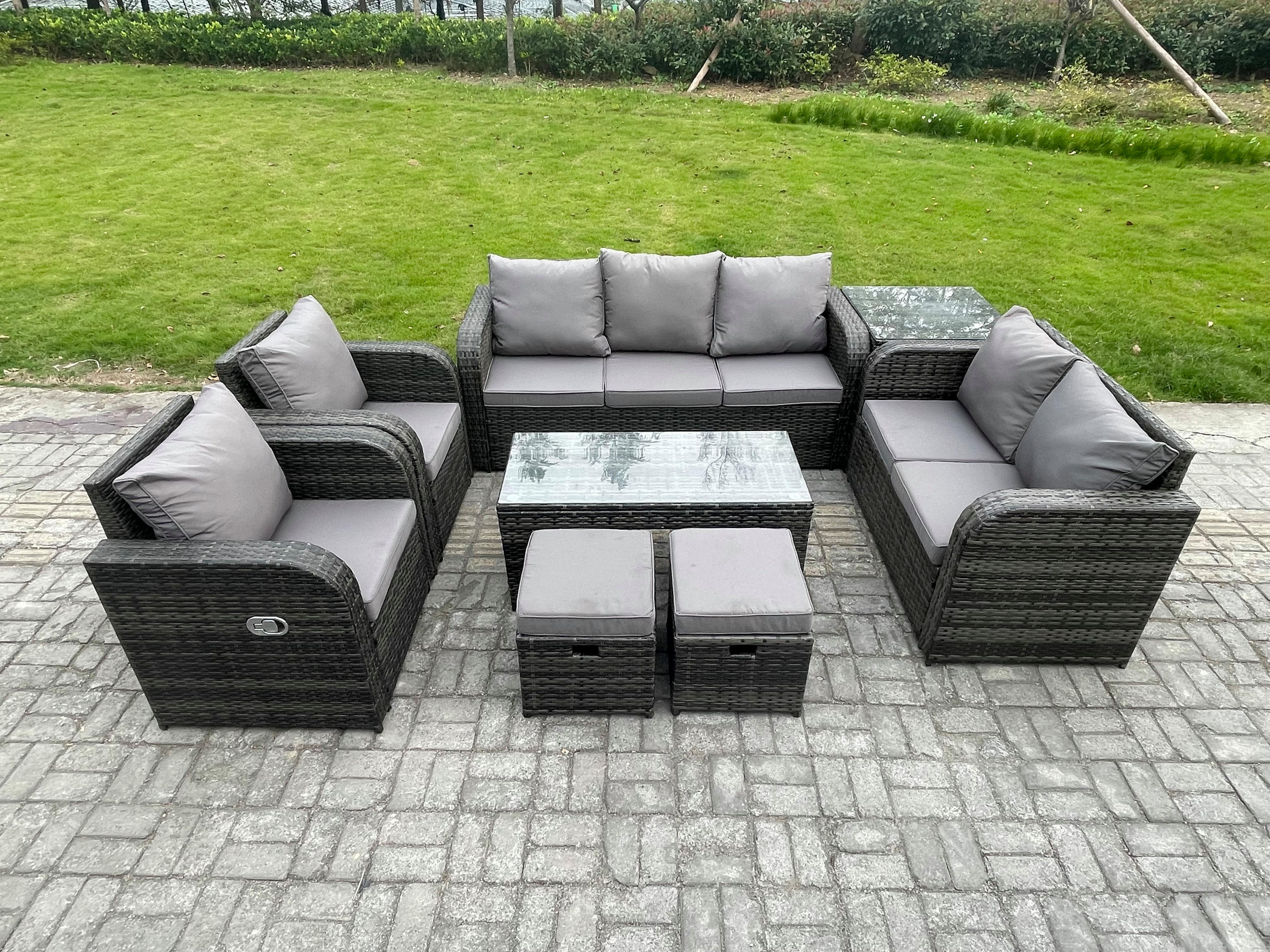 GARTENSOFA SET mit rechteckigem COUCHTISCH Polyrattan 9-Sitzer Dunkelgrau - Dunkelgrau/Grau, Glas/Kunststoff - Fimous