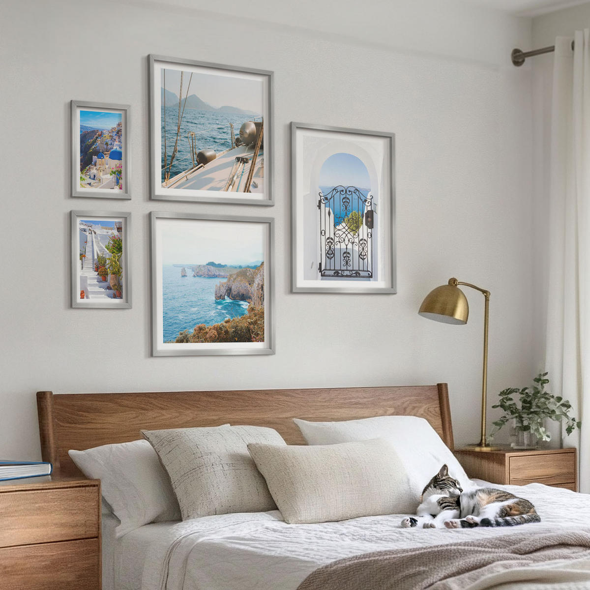 BILDER SET 5er Set - 50x50 cm & 20x30 cm & 40x60 cm Silberner Rahmen - Griechische Architektur auf Santorin, Oia - Silberfarben, Kunststoff (40/60cm) - TULUP