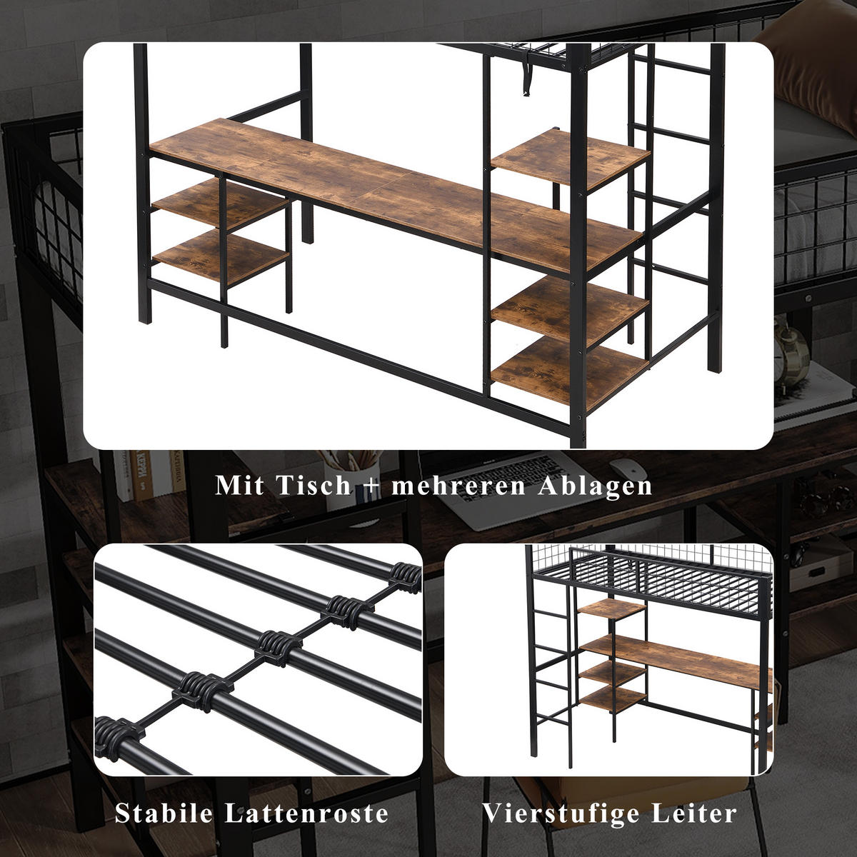 ETAGENBETT 90/200 cm in Schwarz & Dunkler Holzfarbe mit Tisch und Regal aus Metall & Holzwerkstoff - Schwarz, Holzwerkstoff/Metall (90/200cm) - CHICFURN