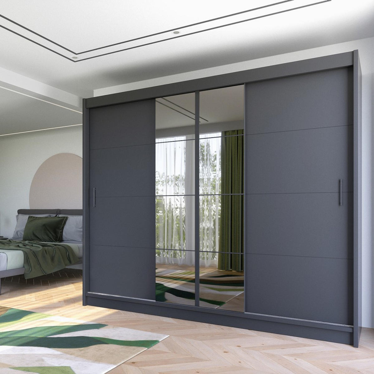 SCHWEBETÜRENSCHRANK Pronto mit 2 Türen und Spiegel, 250 cm, Grau - Grau, Holzwerkstoff (250/215/61cm) - Beautysofa