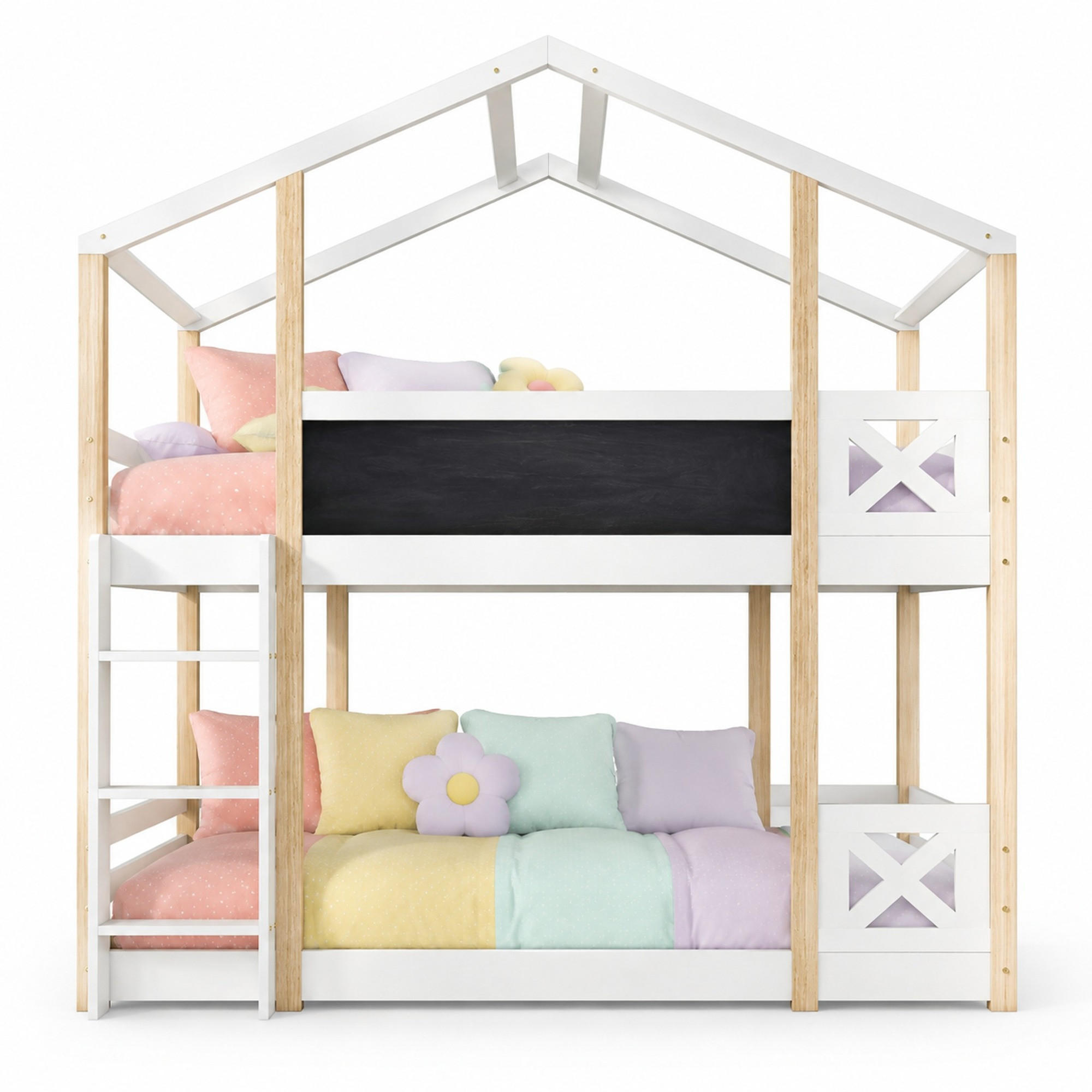 ETAGENBETT 90/200 mit Leiter, Tafel und Rundum-Geländer in Natur und Weiß - Schwarz, Holz (90/200cm) - EVRYAE