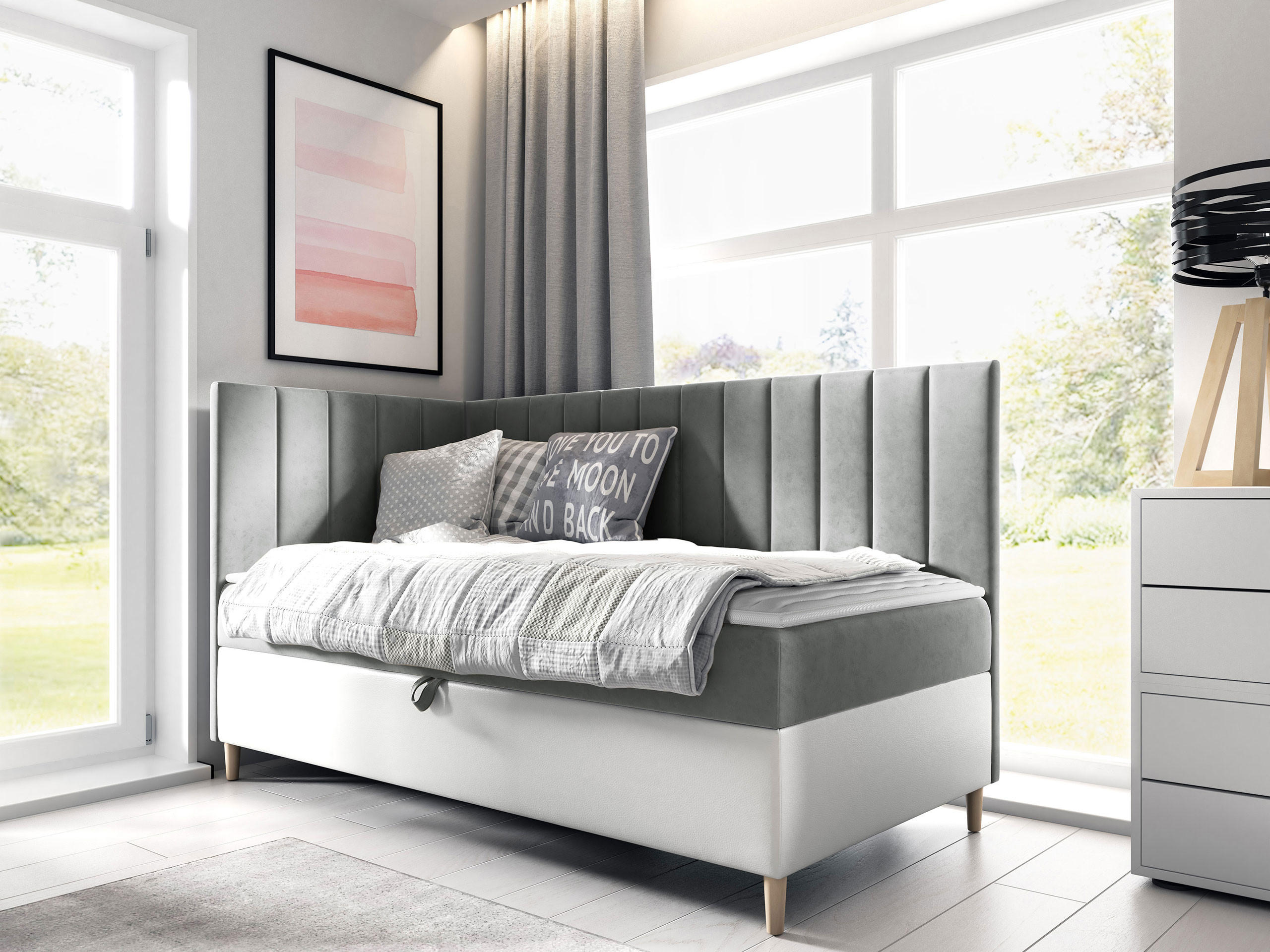 BOXBETT Maja Junior 3, Seite zum Öffnen des Bettkastens: Links - Weiß/Grau, Holz (90/200cm) - MIRJAN24