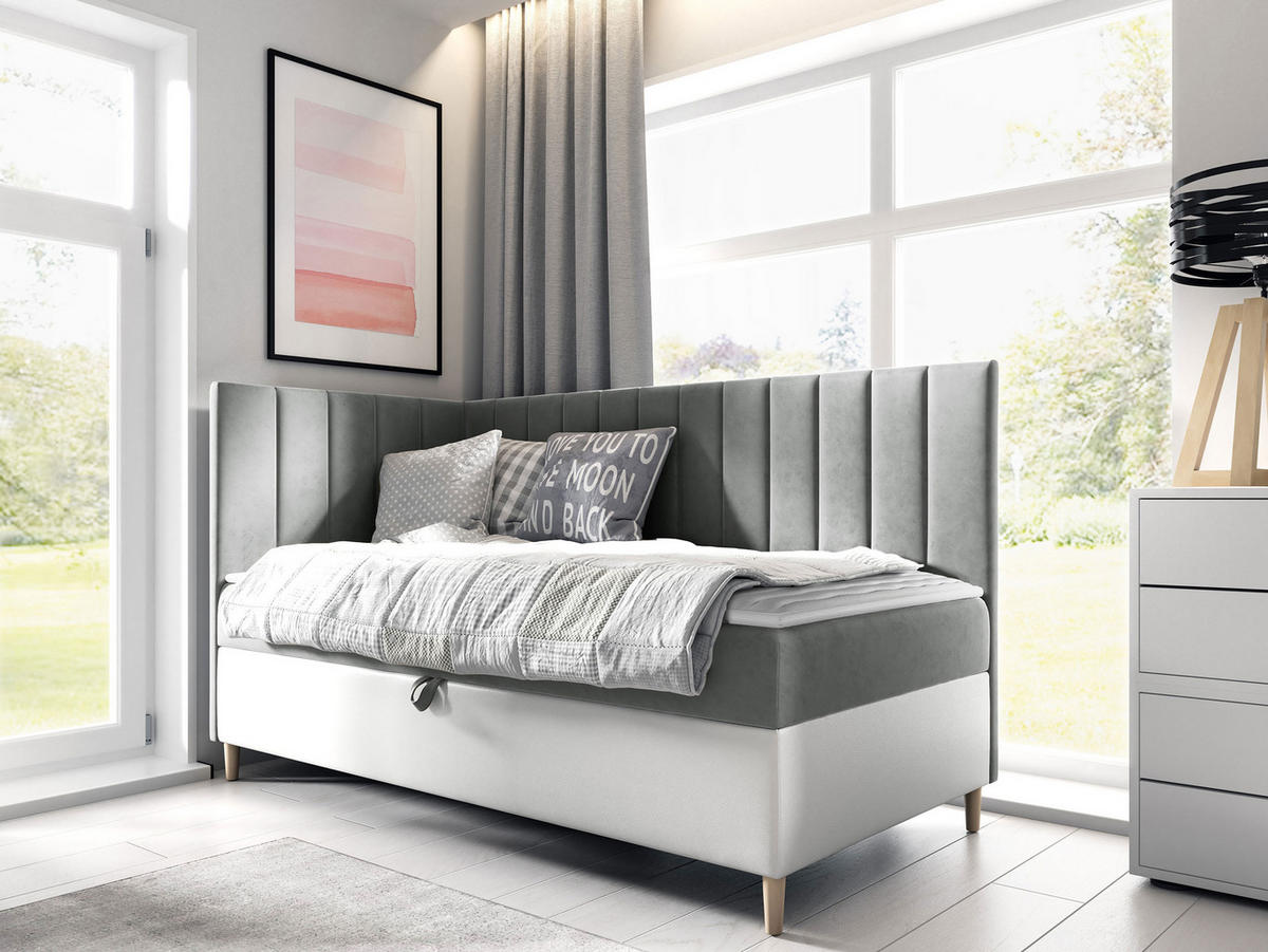 BOXBETT Maja Junior 3, Seite zum Öffnen des Bettkastens: Links - Weiß/Grau, Holz (90/200cm) - MIRJAN24