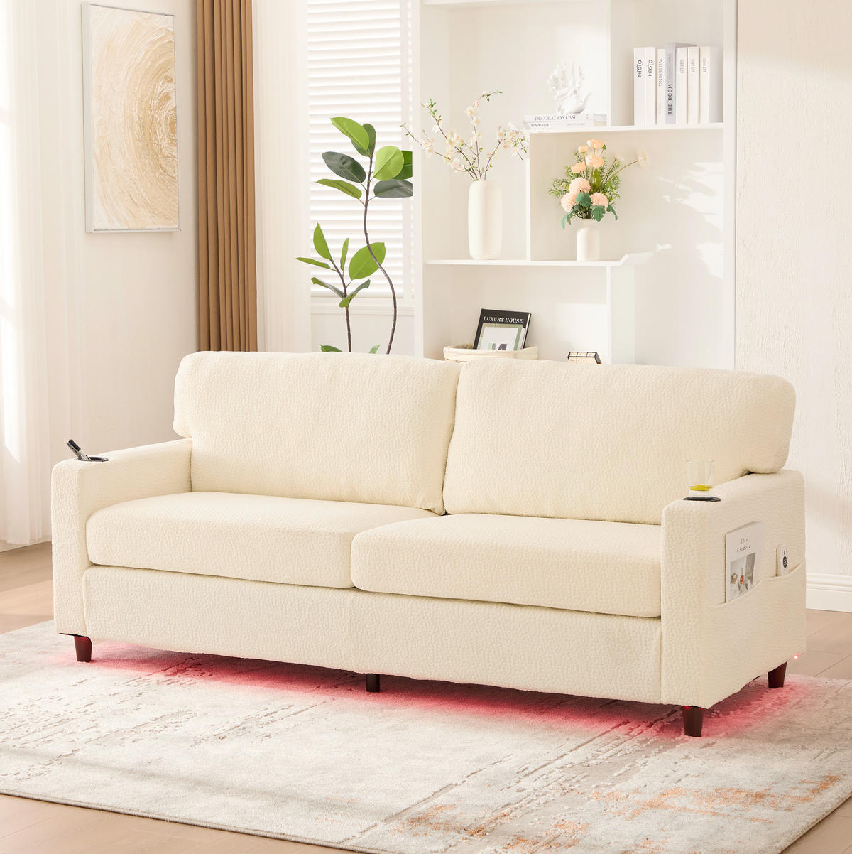 SOFA 2-Sitzer mit USB-C Anschluss & LED-Beleuchtung Chenille Beige 203/77,5/86 cm - Beige, Textil (203/86/77.5cm) - OKWISH