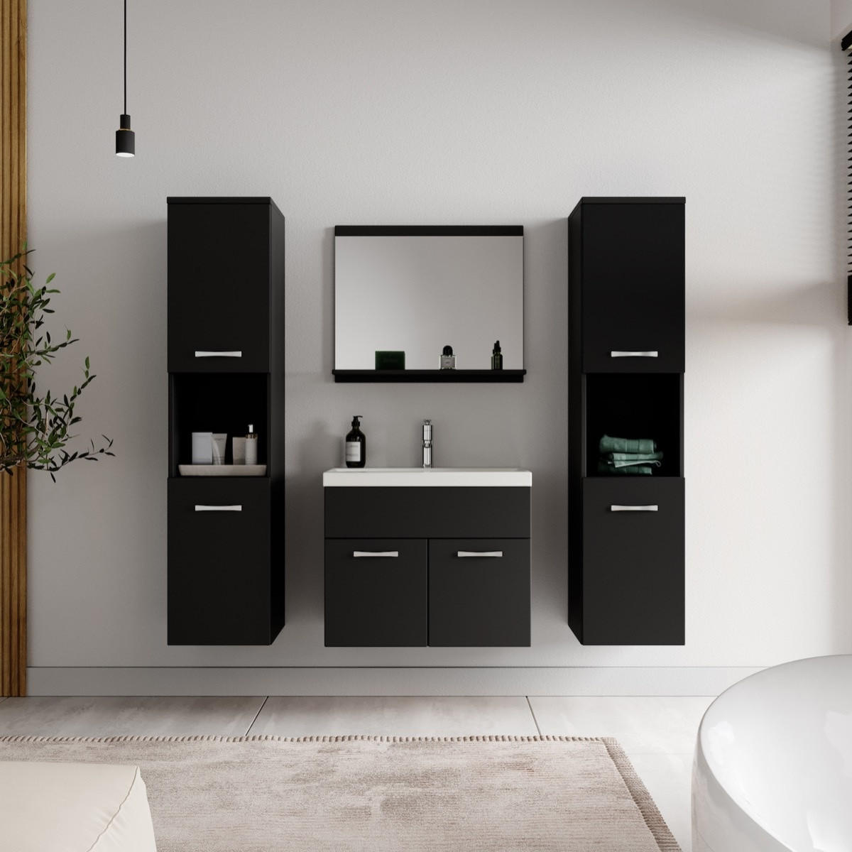 BADMÖBEL-SET Montreal 5 Teile Schwarz Matt - 60 x 35 x 51 cm - Chromfarben/Schwarz, Holz/Metall (60/51/35cm) - Badplaats