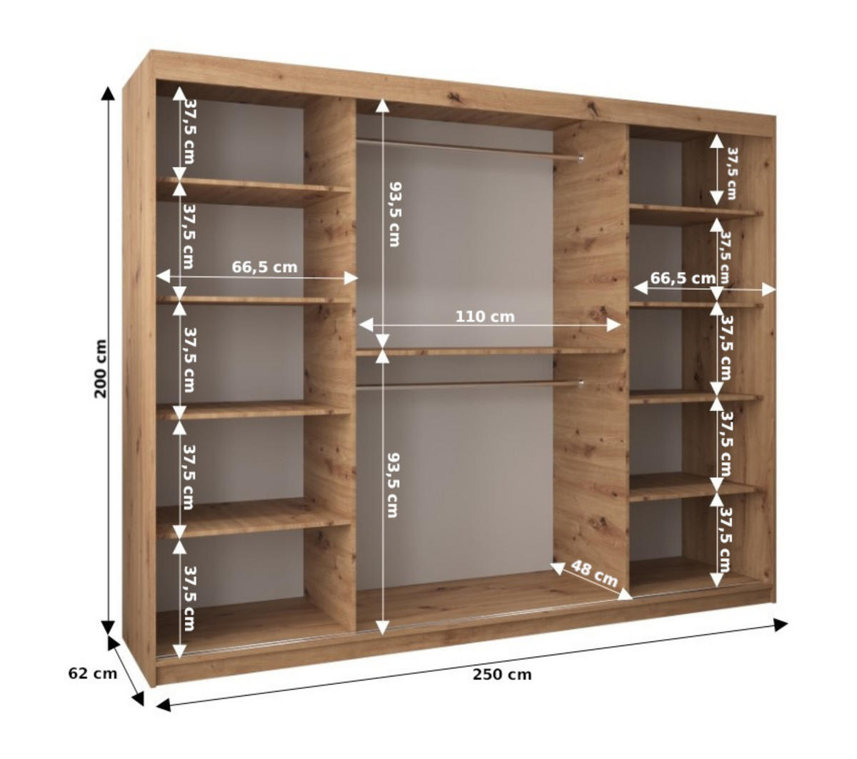 SCHWEBETÜRENSCHRANK 200/250/62 3-türig - Silberfarben/Sonoma Eiche, Holz/Kunststoff (250/200/62cm) - Abiks Möbel