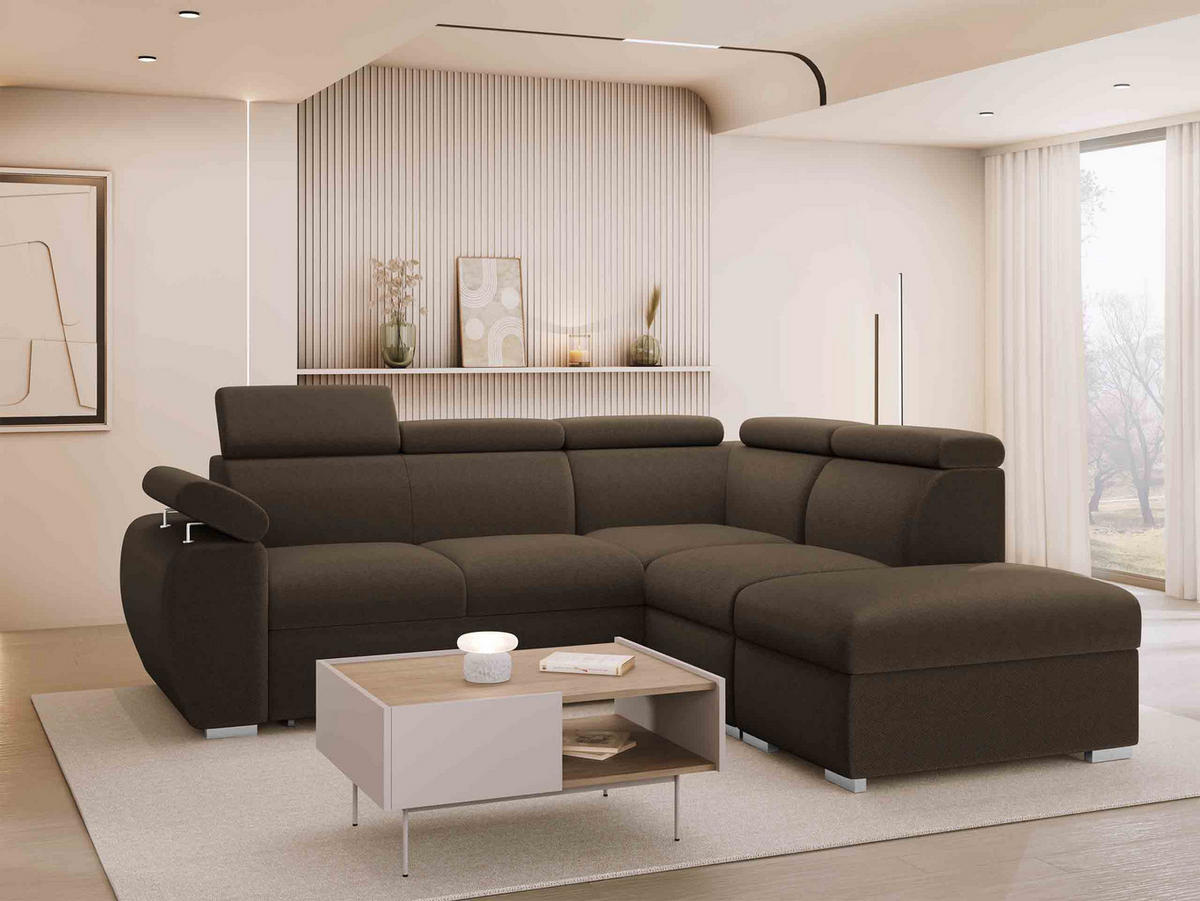 ECKSOFA Boston 2RR1P, Seite: Rechts 2R+R+1P(65)+PUFAP - Silberfarben/Braun, Holz/Textil (260/230cm) - MIRJAN24