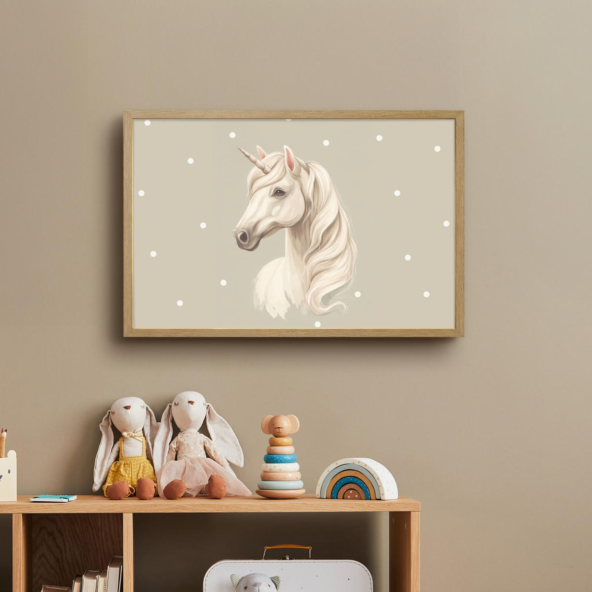 NÁSTĚNNÁ LAMPA S AKUMULÁTOREM Jednorožec - bílý - tečky 60x40 cm - šedohnědá, kompozitní dřevo (60/40/8cm) - OnlyWow