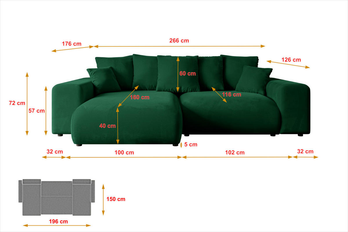 ECKSOFA Ottomane rechts ESKAR-L 266x176x72 Dunkelgrün Cord - Dunkelgrün/Schwarz, Holzwerkstoff/Kunststoff (176/266cm) - ALTDECOR