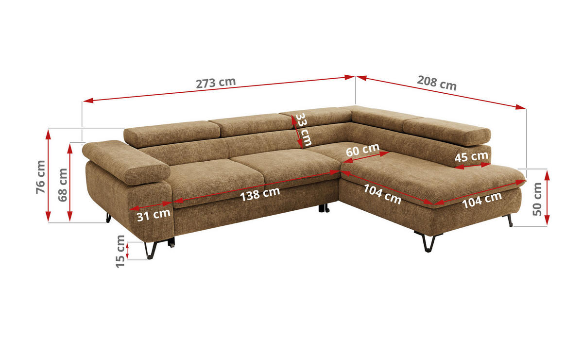ECKSOFA PABLO L Hellbraun Schenille grob gewebt - Rechts Seite - Hellbraun/Schwarz, Textil/Metall (273/208cm) - MKS
