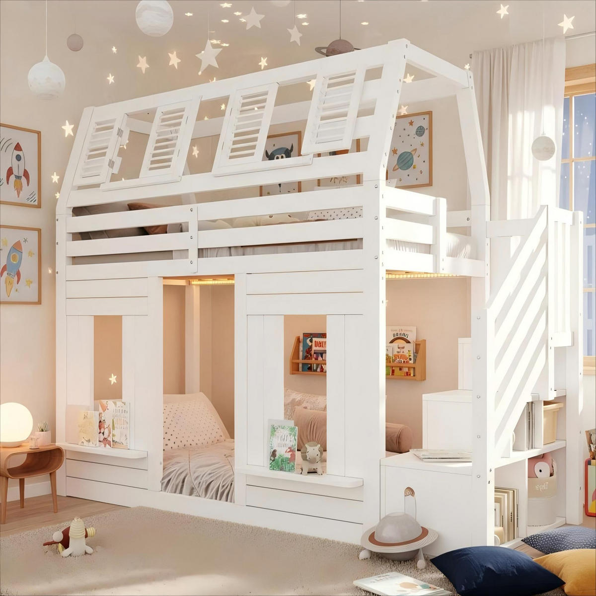 ETAGENBETT aus Kiefernholz/MDF 90x200 cm in Weiß mit LED & Stauraumtreppe - Weiß, Holz (90/200cm) - Modfu