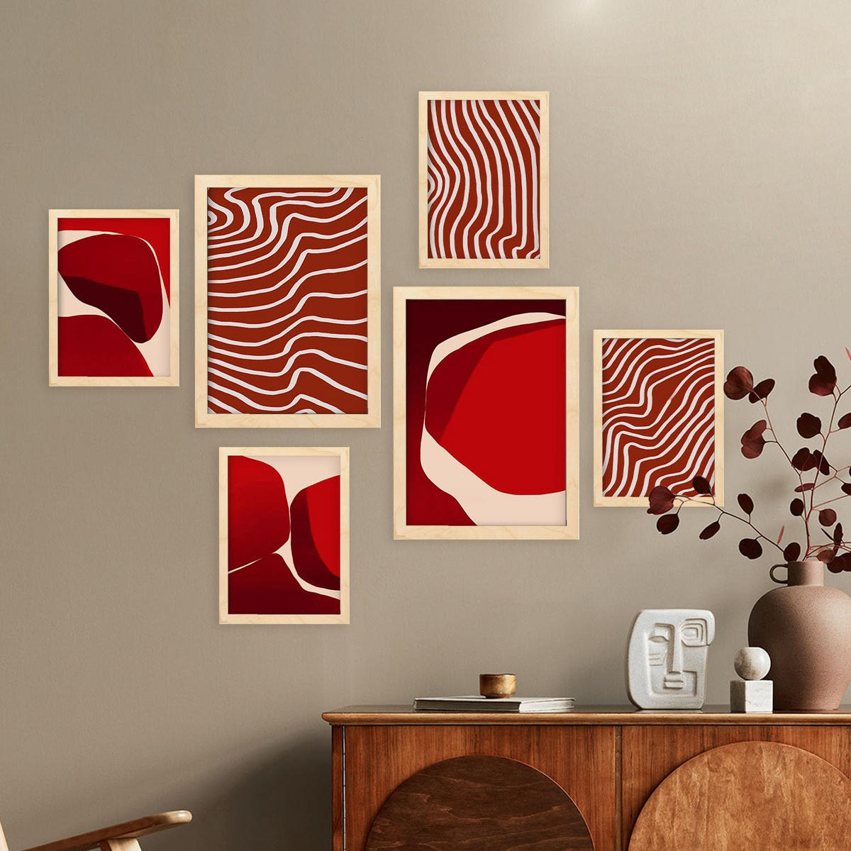 POSTER Set Mit 6 Rote Steine In Form Abstracts Ästhetische Dekorative Gemälde Für Ihr Wohnzimmer, Schlafzimmer, Zuhause A3 & A4 Rahmen Aus Hellem Holz - Beige, Papier (29/3cm) - Nacnic