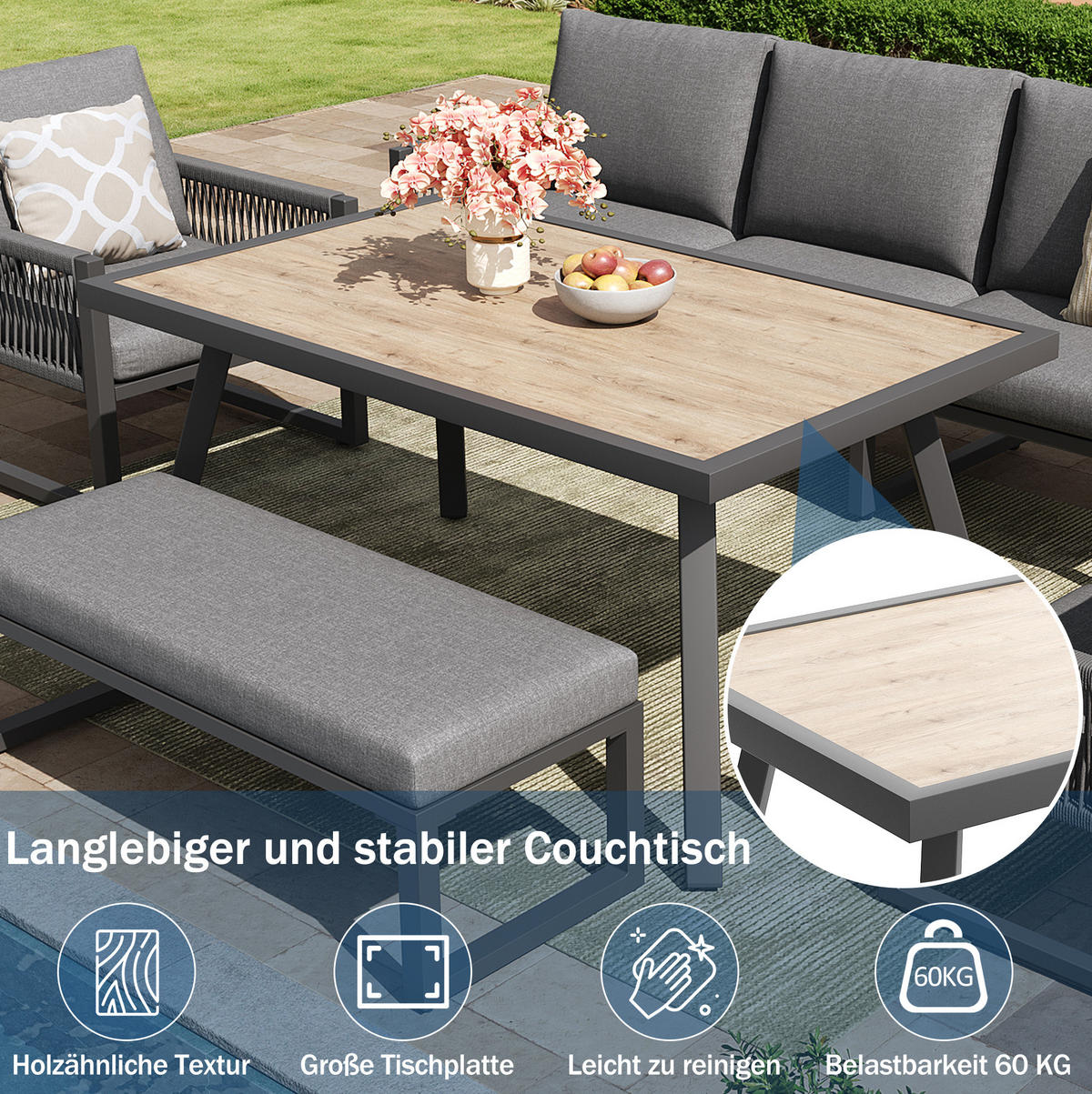 GARTENLOUNGE 184/64/80 cm grau aus Metall, Glas und Polyester mit Tisch und Kissen - Grau, Metall - OKWISH