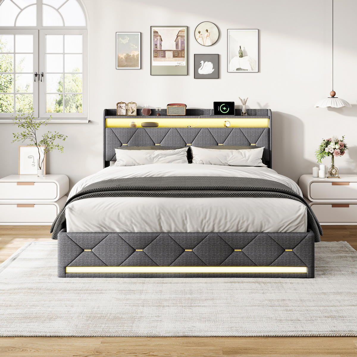 POLSTERBETT 140/200 cm Grau mit hydraulischem Stauraum, LED-Kopfteil mit Ladefunktion und Lattenrost - Grau, Metall (140/200cm) - EuroLiving