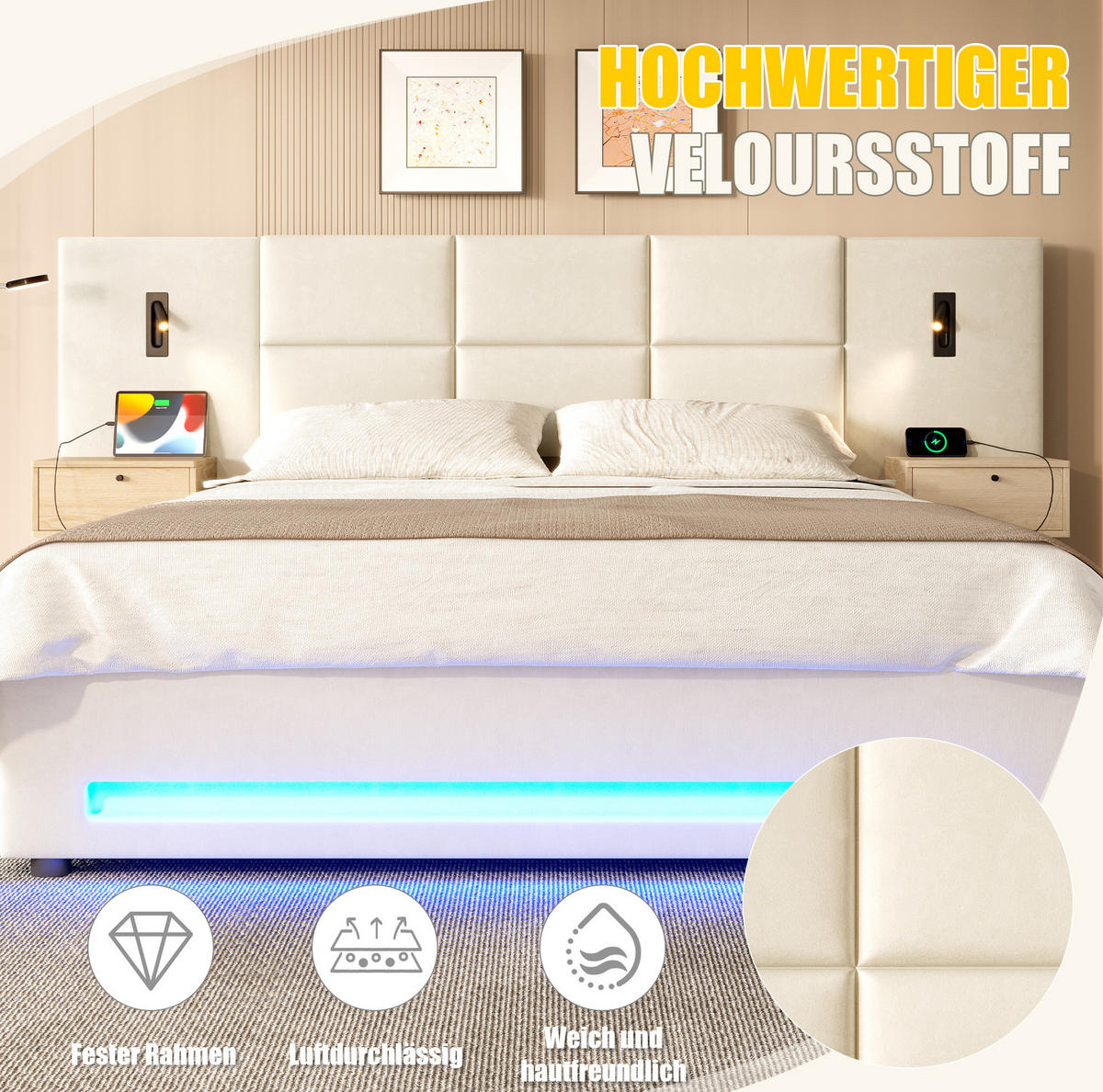 BETT mit Stauraum 180x200 cm Velours Beige - Beige, Metall (180/200cm) - Meubliv