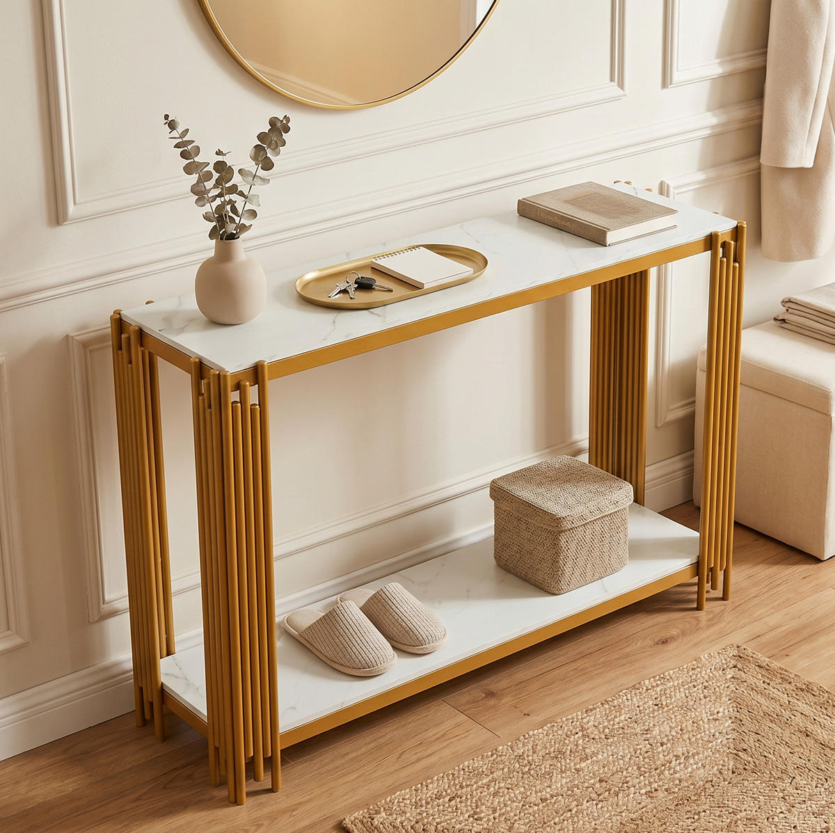 KONSOLENTISCH aus MDF und Metall 123,5x33,5x80 cm Gold/Weiß mit 2 Ablagen - Goldfarben, Holzwerkstoff (123.5/33.5/80cm) - IVMEU