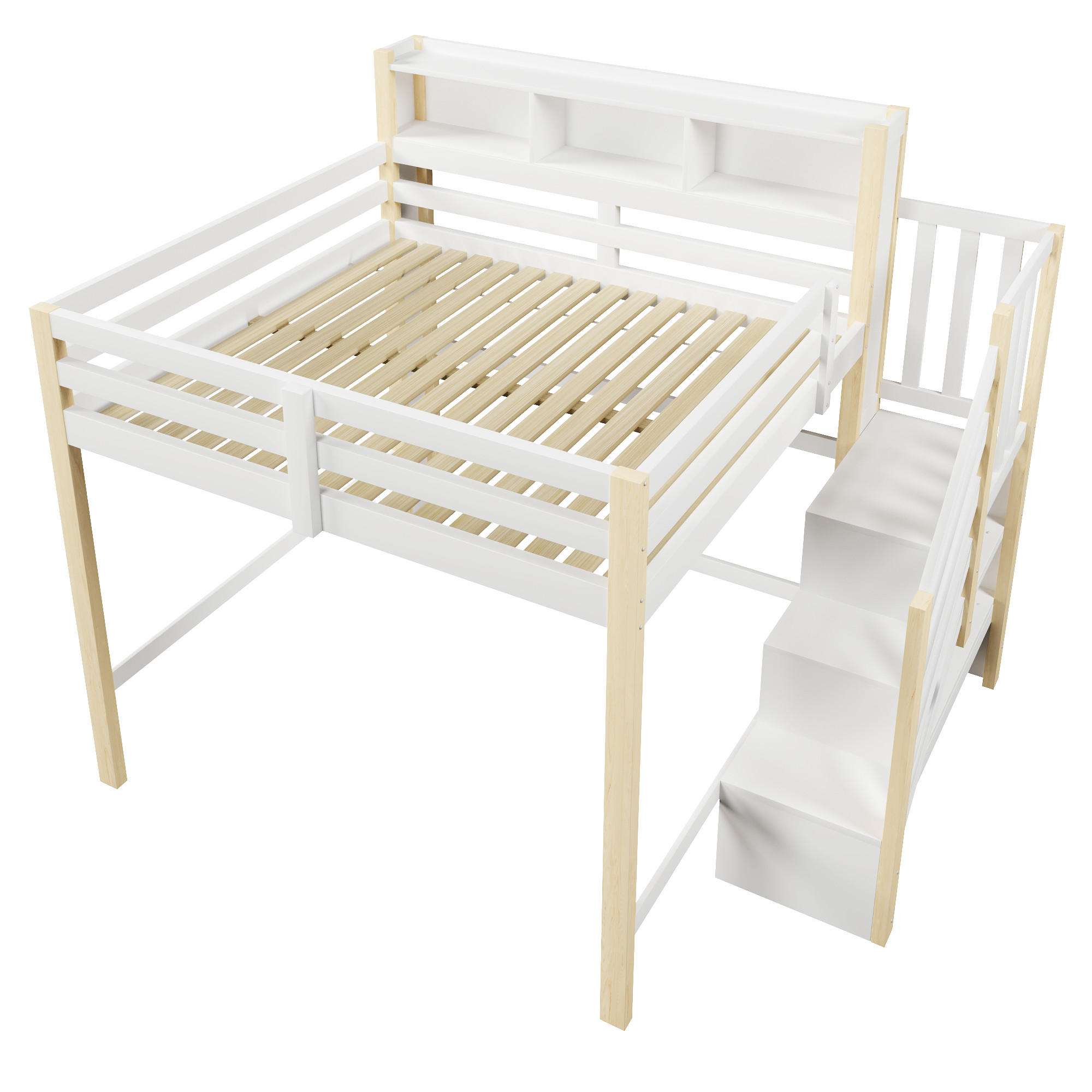 HOCHBETT 140/200 cm DE-33119 mit LED und Stauraumtreppe Weiß/Natur - Naturfarben, Holzwerkstoff (140/200cm) - ComfortXL