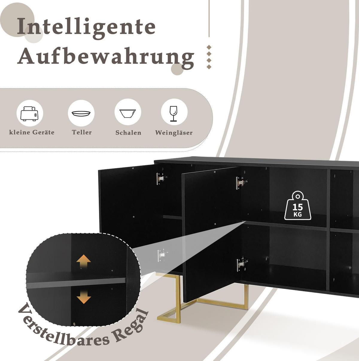 SIDEBOARD 44.6/52.5 cm Schwarz aus MDF und Spanplatte mit verstellbaren Regalböden - Schwarz, Holzwerkstoff (40/80.5/138cm) - OKMYHOME
