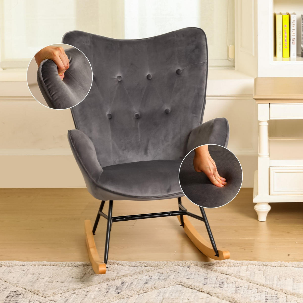 SCHAUKELSESSEL Samt Grau - Eichefarben/Grau, Holz (87/98/68cm) - Urban Meuble