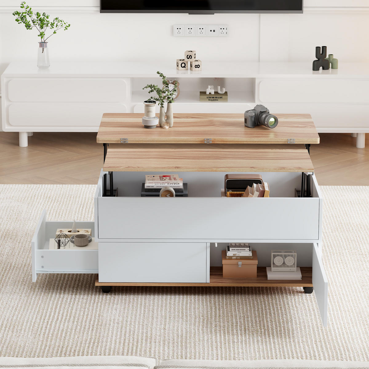 COUCHTISCH höhenverstellbar Weiß Naturholz 100x98x65cm mit Stauraum - Weiß, Holzwerkstoff (100/98/65cm) - FLIEKS