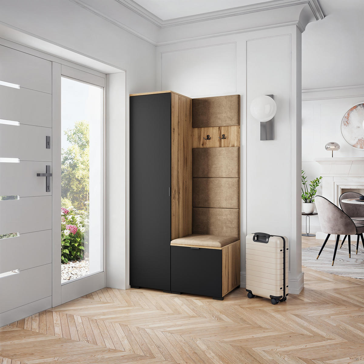 GARDEROBENSCHRANK LORI 95/181/51 cm Modern Garderobe-Set Eiche Wotan - Eiche Wotan/Schwarz, Holzwerkstoff (95/181/51cm) - MASSENO