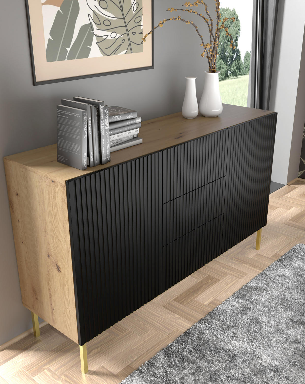 KOMMODE Artisan Eiche, Schwarz, Schwarz 150/87/42 - Schwarz, Holzwerkstoff (150/87/42cm) - RAUMHIRSCH FURNITURE