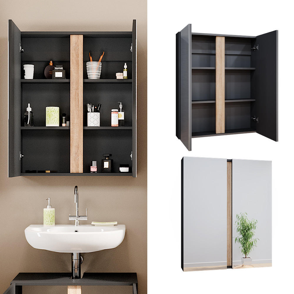 BADSPIEGELSCHRANK Gloria Anthrazit 70.4 x 84 cm mit 2 Türen - Anthrazit/Sonoma Eiche, Holzwerkstoff (70.4/84/15.9cm) - Vicco