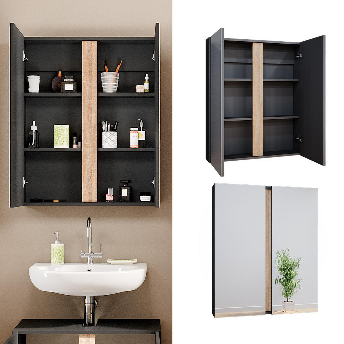 BADSPIEGELSCHRANK Gloria Anthrazit 70.4 x 84 cm mit 2 Türen - Anthrazit/Sonoma Eiche, Holzwerkstoff (70.4/84/15.9cm) - Vicco