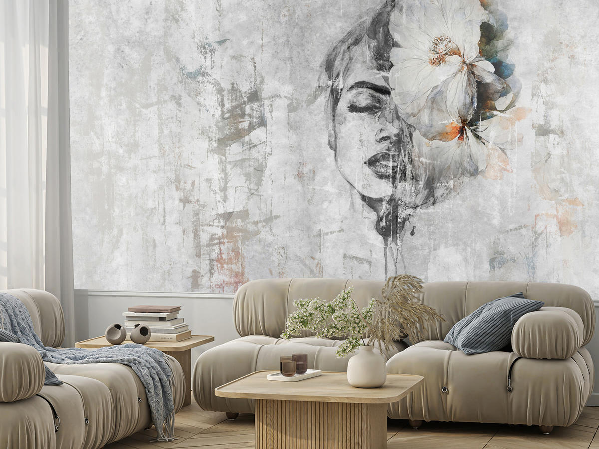 FOTOTAPETE für Schlafzimmer Frau Porträt Blume Beton Abstraktion 200x140 - Blau/Orange, Papier (200/140cm) - Muralo