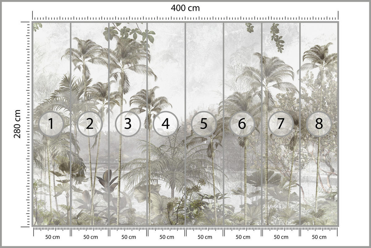 FOTOTAPETE für Wohnzimmer Tropische Bäume Fluss Grau Palmen 400x280 - Beige/Grau, Papier (400/280cm) - Muralo