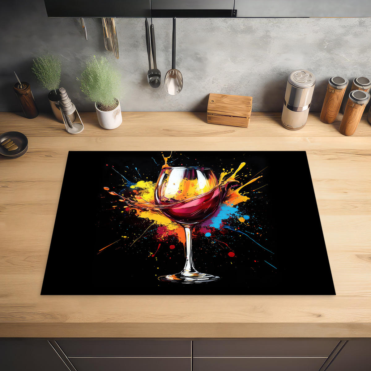 HERABDECKPLATTE - Wein - Glas - Graffiti - Getränk - Rot - Farbe - 75x55 - Weinrot, Kunststoff (75/55/0.2cm) - MuchoWow