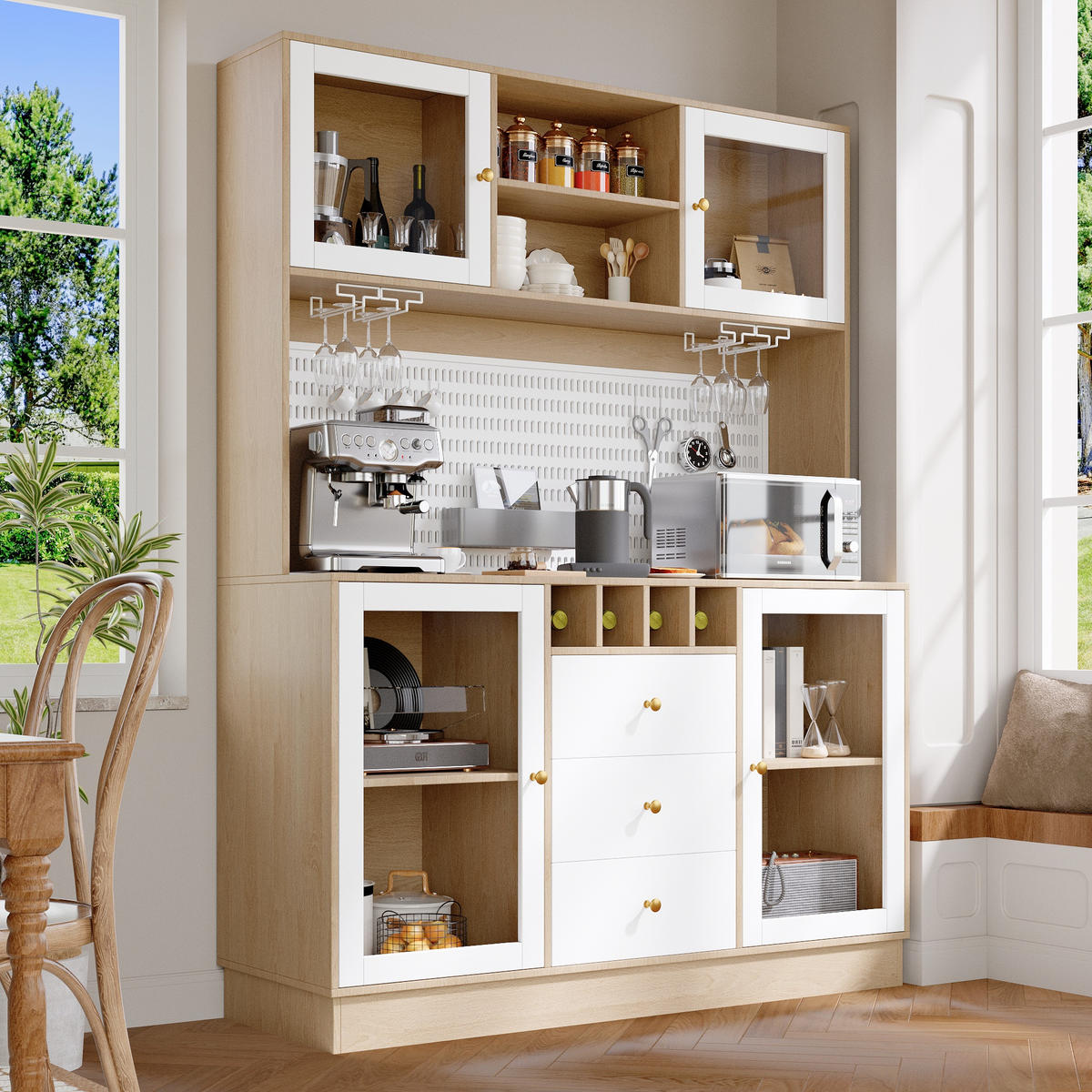 BUFFET Weinschrank LED Bar Möbel Glasfront Weinregal Schublade Anti-Kipp System modern - Transparent/Weiß, Glas/Holzwerkstoff (140/185.7/40cm) - EVRYAE