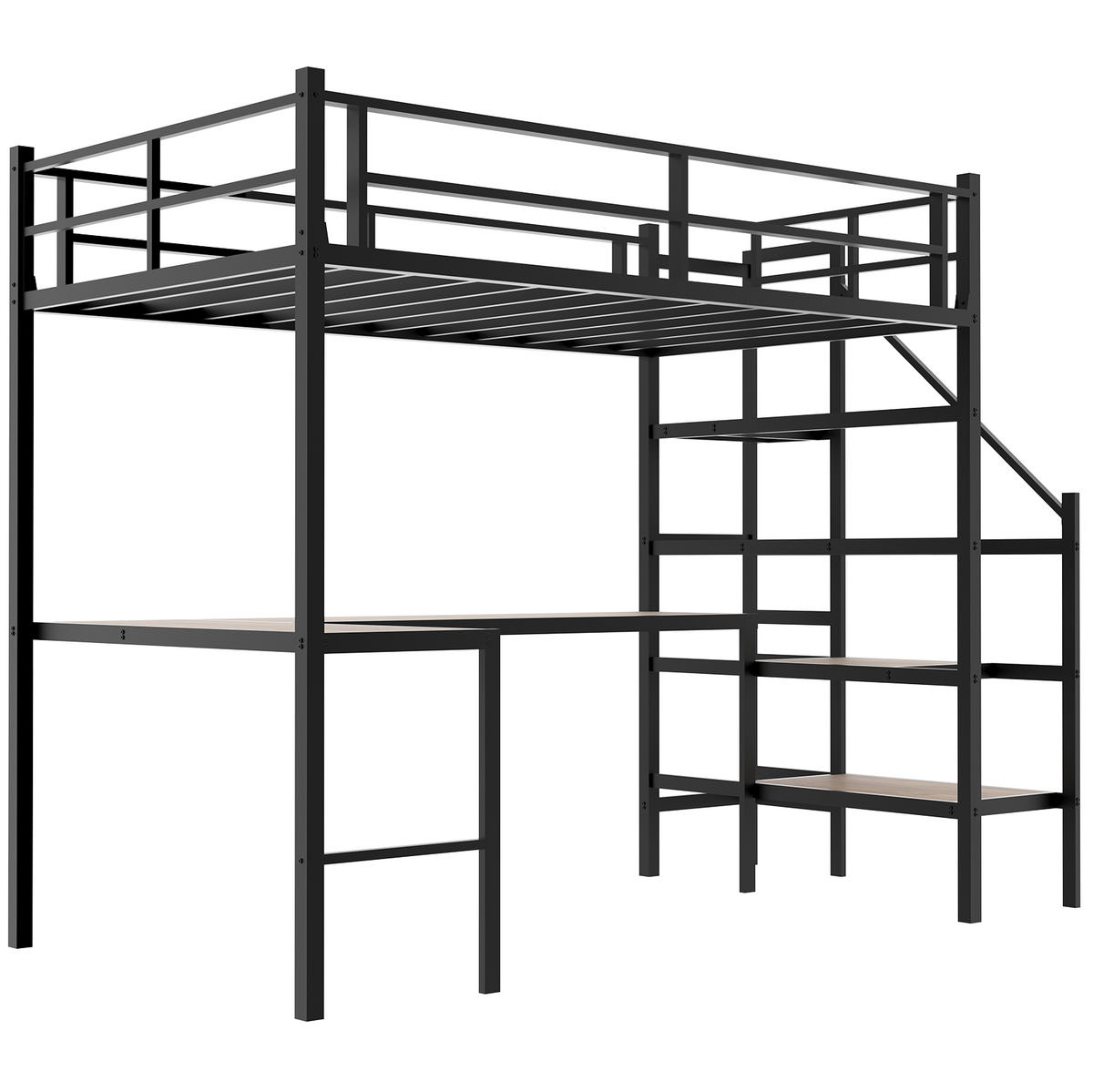 HOCHBETT mit L-förmigem Schreibtisch, Treppe und Stauraum, Metall, Schwarz - Schwarz, Metall (90/190cm) - MIVRAY
