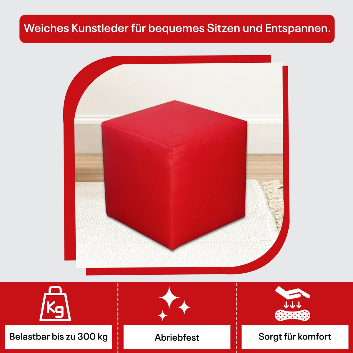 SITZWÜRFEL 40 x 40 x 40 cm Rot aus Kunstleder mit Holzwerkstoffrahmen - Rot, Leder (40/40/40cm) - Best For Home