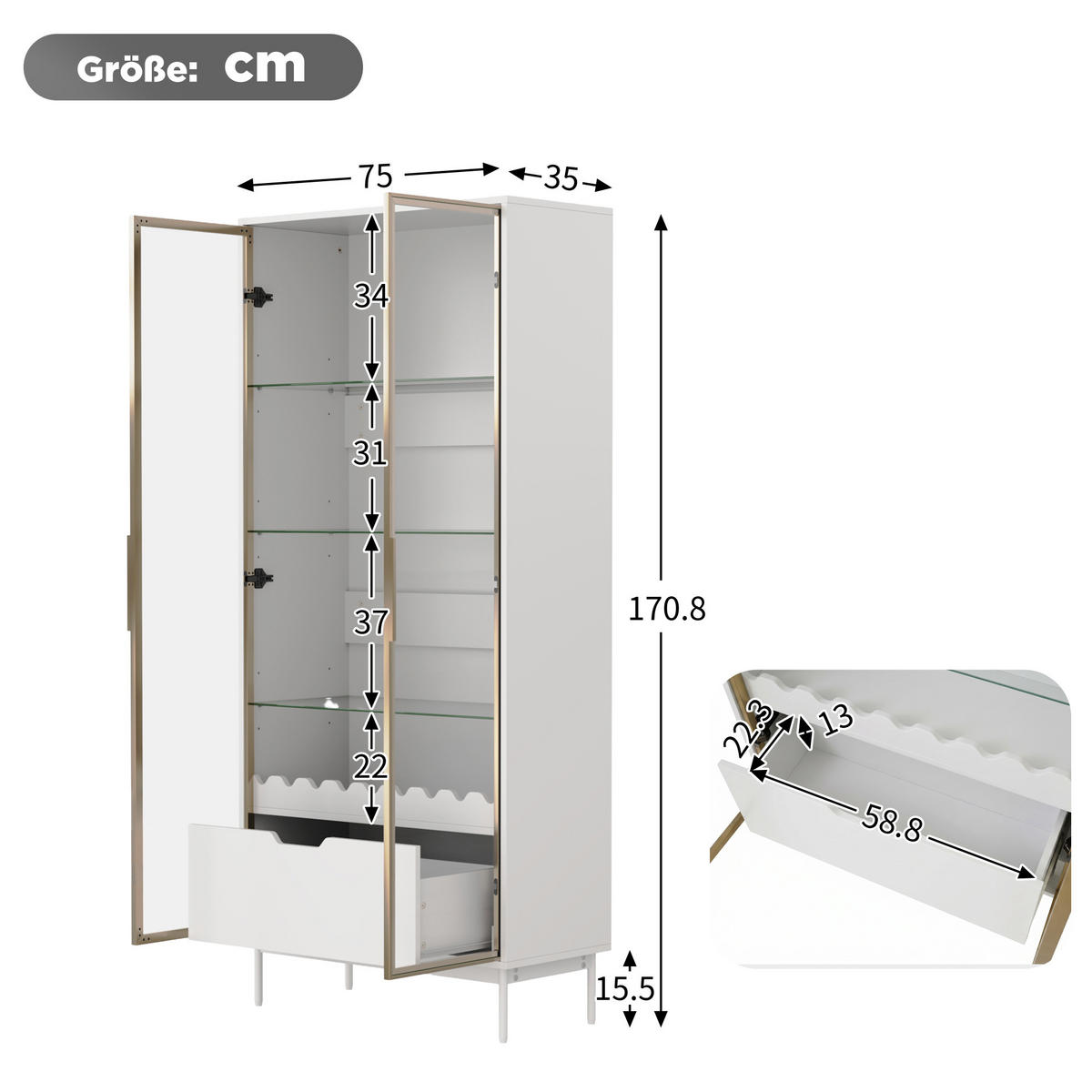 VITRINE in Weiß mit Glastür und Schublade für Wohnzimmer, B75/T35/H170,8 cm - Transparent/Weiß, Glas/Holzwerkstoff (75/170.8/35cm) - STILVORA