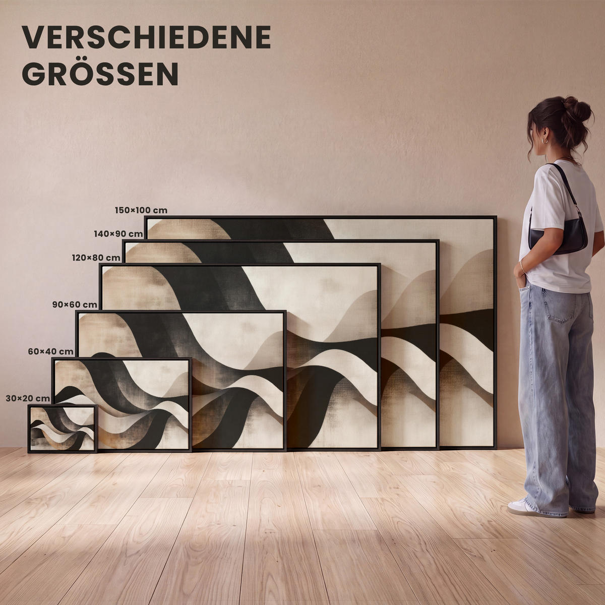 LEINWAND Bilder mit Rahmen - Abstrakt - Wellen - Schwarz - Verwittert - 140x90 - Trüffeleichefarben, Textil (140/90cm) - MuchoWow