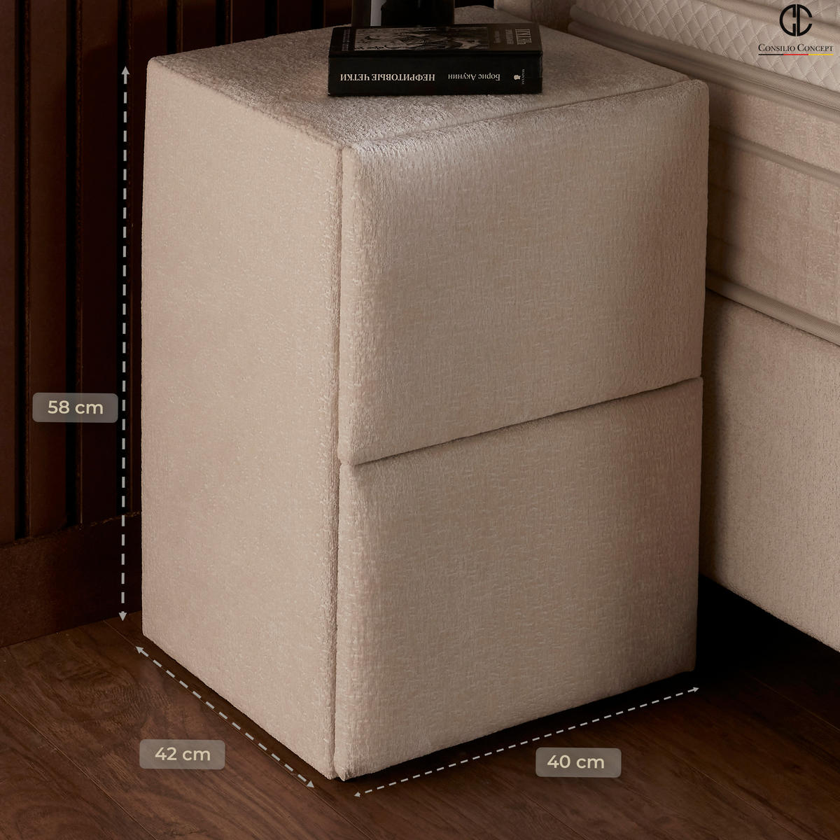 NACHTTISCH PORTO 40/42/58 cm, Beige, zwei Schubladen - Beige/Schwarz, Holz/Kunststoff (40/58/42cm) - Consilio Concept