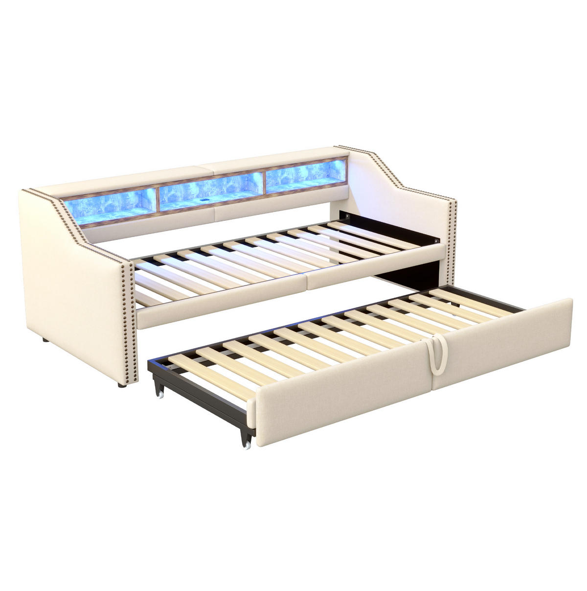 BETT aus Leinenstoff 90/180x200 cm Beige mit Ausziehbett, LED, USB und 3 Ablagefächern - Beige, Textil (90/200cm) - Modfu