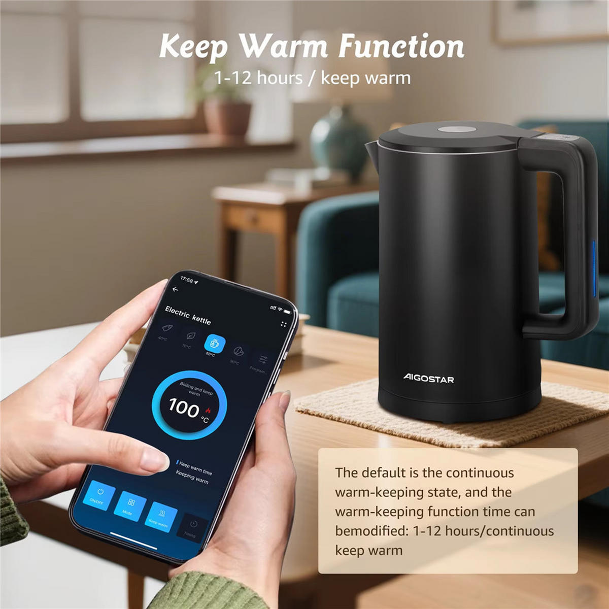 WASSERKOCHER Smart 1,7L WiFi Temperatur 40–100°C Edelstahl Schwarz - Schwarz, Metall (1/1/1cm) - Kaket
