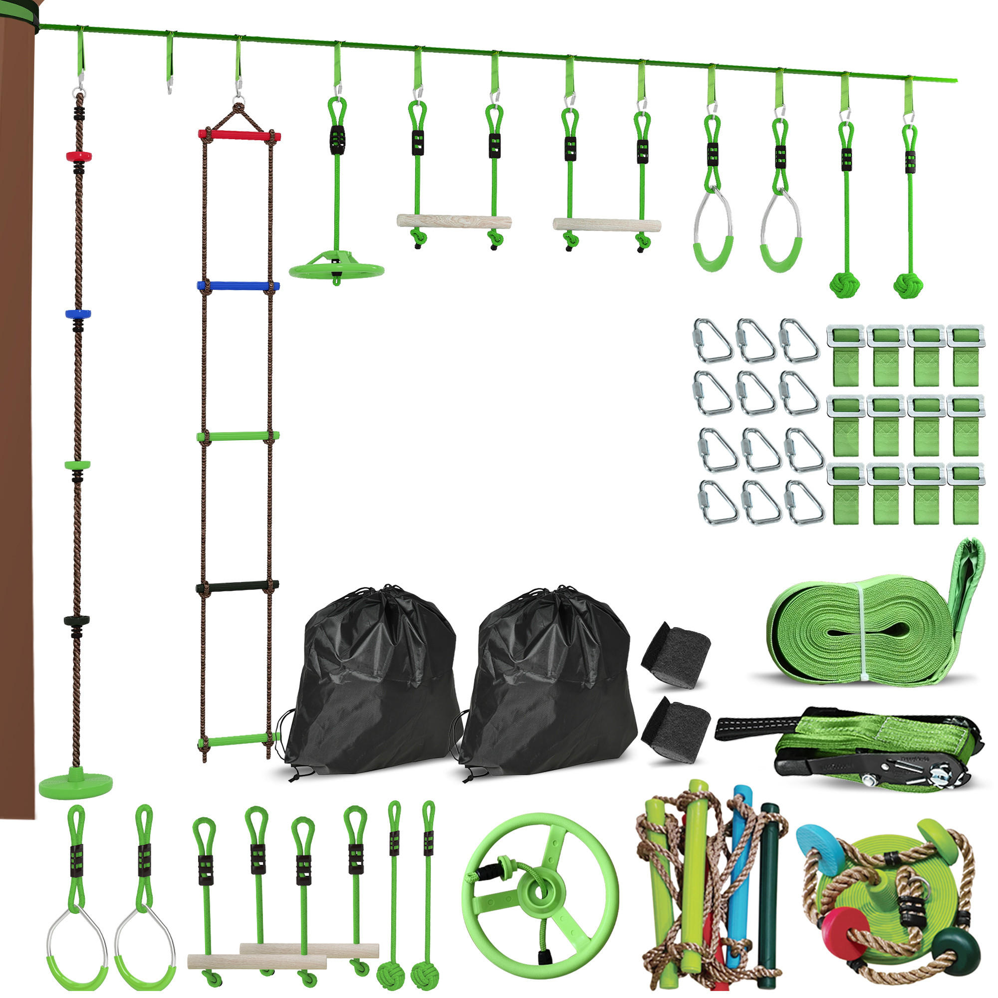 NINJA Warrior Hindernisparcours für Kinder 10 m Ninja Slackline Kit Grün - Grün, Kunststoff (5/1000cm) - AIYAPLAY