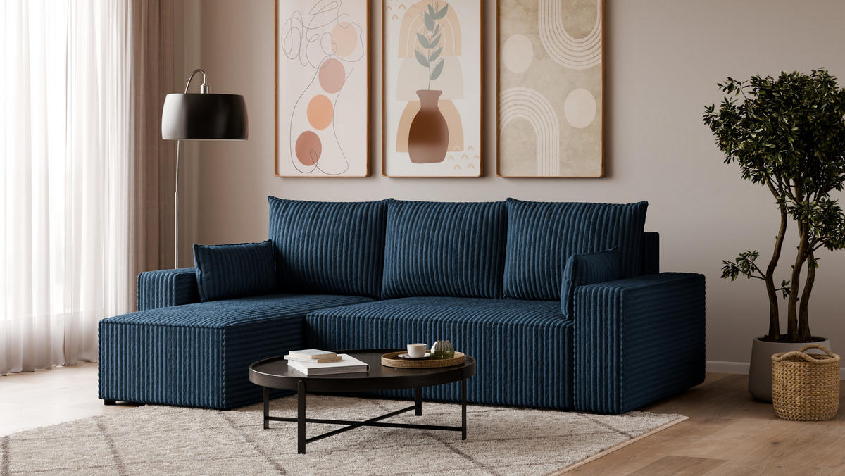 ECKSOFA Tobi mit Bettkasten und Schlaffunktion, L-Form, Cordstoff, Universal - Dunkelblau, Holzwerkstoff (246/145cm) - 4ALL HOME