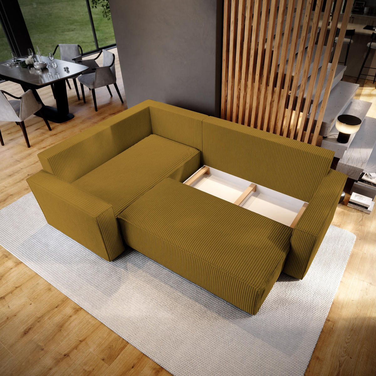 ECKSOFA ESTANO L-S Gelb Kordstoff mit Schlaffunktion - Gelb, Holz (230/158cm) - MASSENO