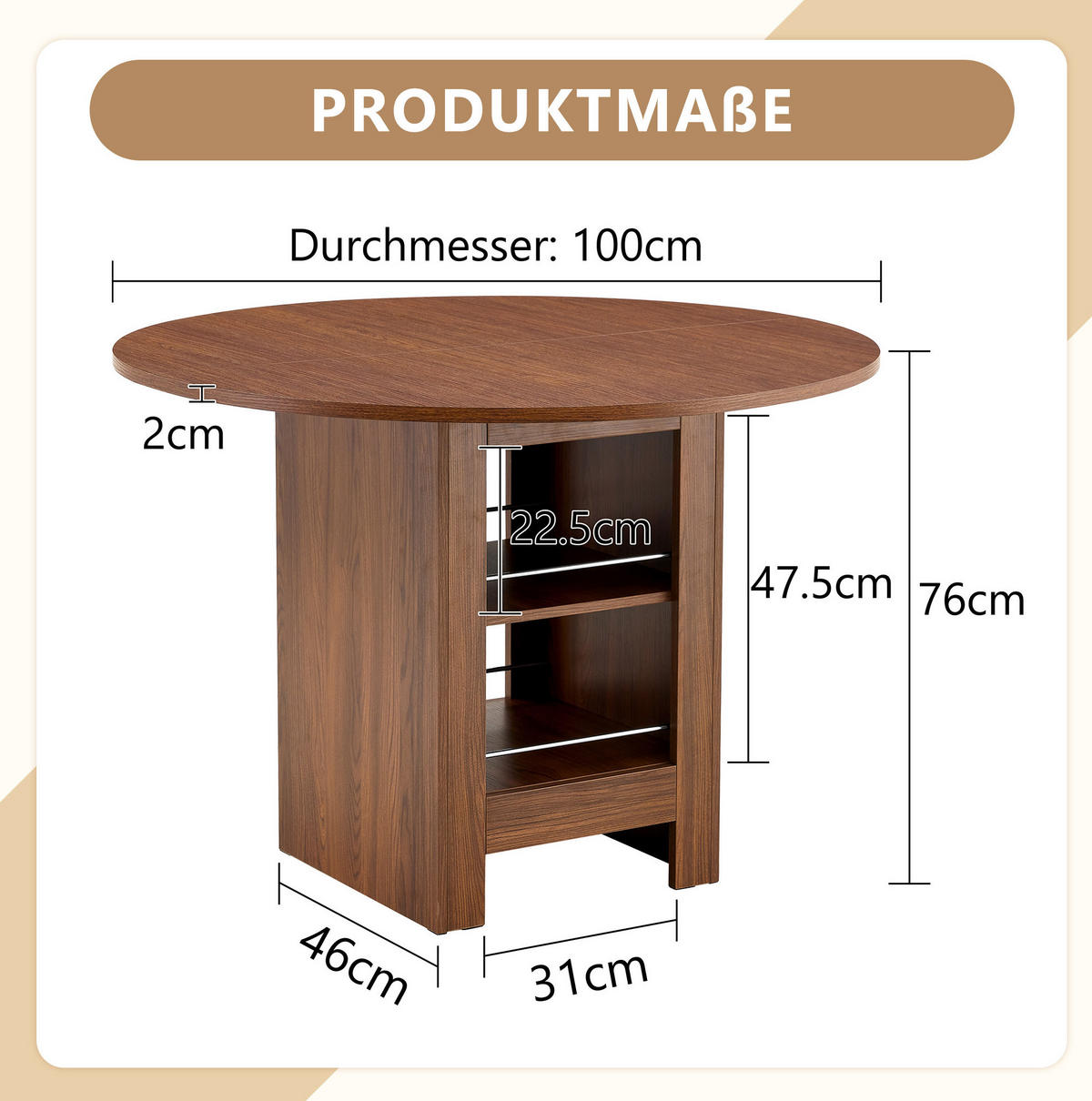 JEDÁLENSKÝ stôl 100 cm MDF v orechovom dekore s otvorenými úložnými priehradkami - farba vlašského orecha, kompozitné drevo (100/100/76cm) - BEAOK