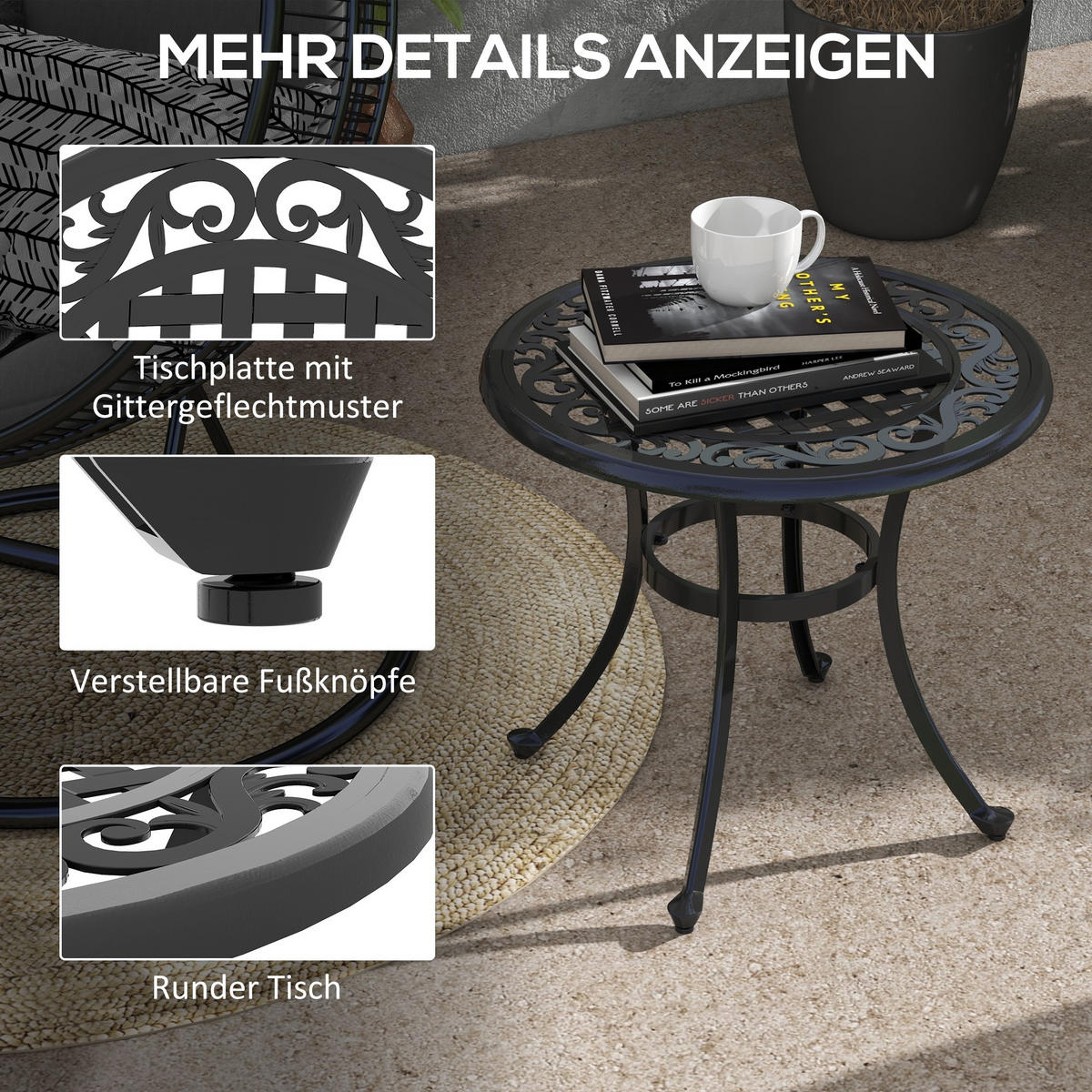 GARTEN BEISTELLTISCH, Schwarz,Aluminium - Schwarz, Metall (60/60/53cm) - Outsunny